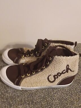 Coach Brown and Cream Shearling High-Top Sneakers